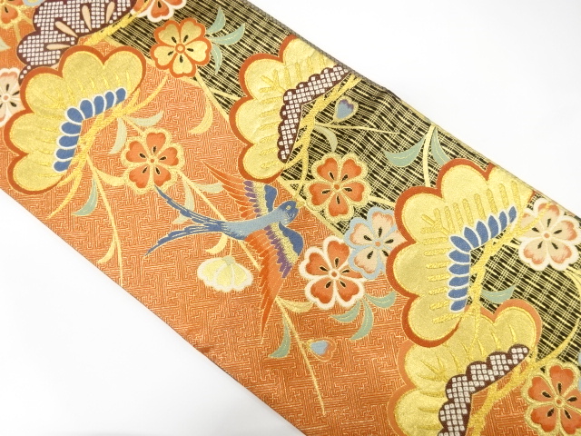 JAPANESE KIMONO / FUKURO OBI FOR FURISODE / SILK / WOVEN KASAMATSU & SAKURA & BIRDS